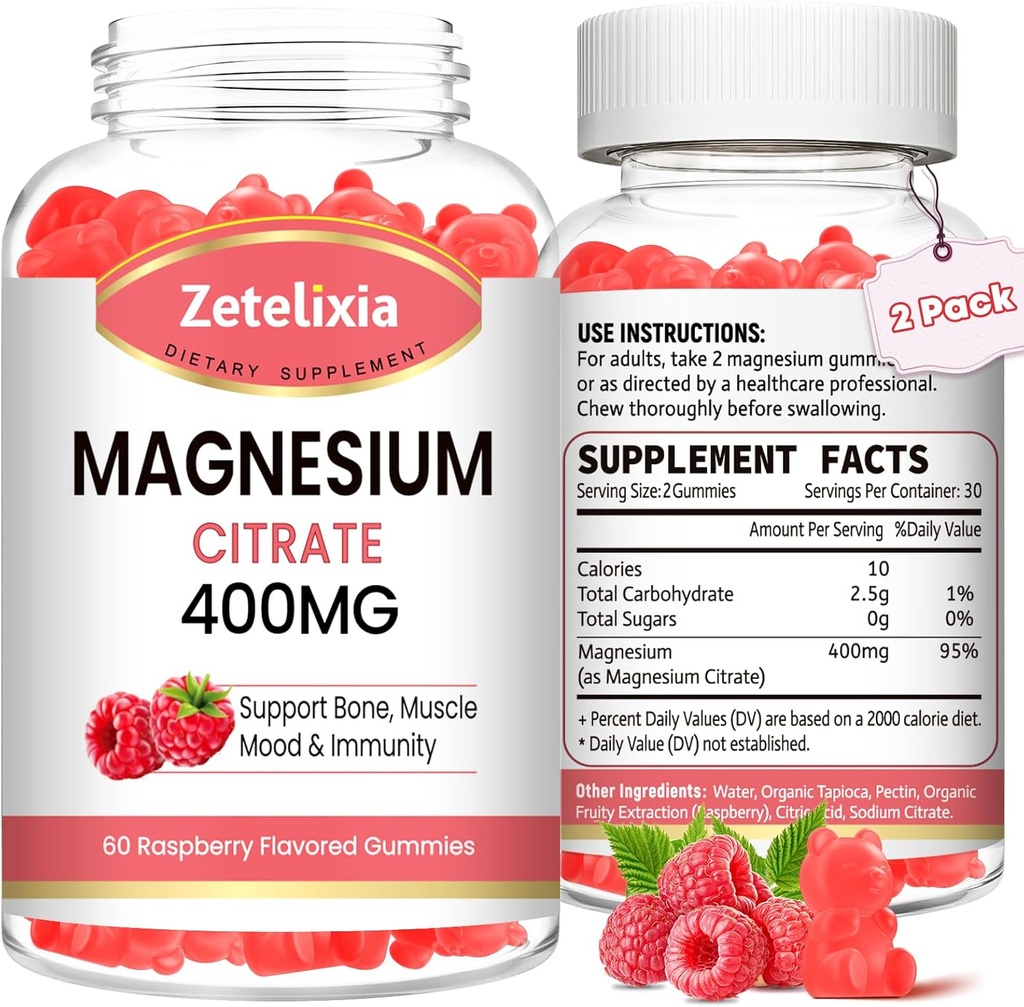 Citrate de magnésium de 2 paquets Gommies 400MG, Gommies de magnésium à haute absorption pour adultes, soutien musculaire et de dents, Vegan 120 Cts