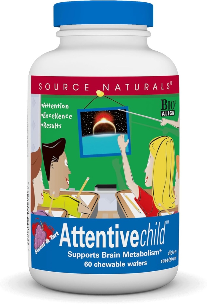 Source Naturals Attentive Child - Nutriments cognitifs sains pour les enfants actifs - Accent et attention améliorés avec DMAE, Magnésium, Zinc et Extrait de graines de raisin - 60 Wafers à croquer.