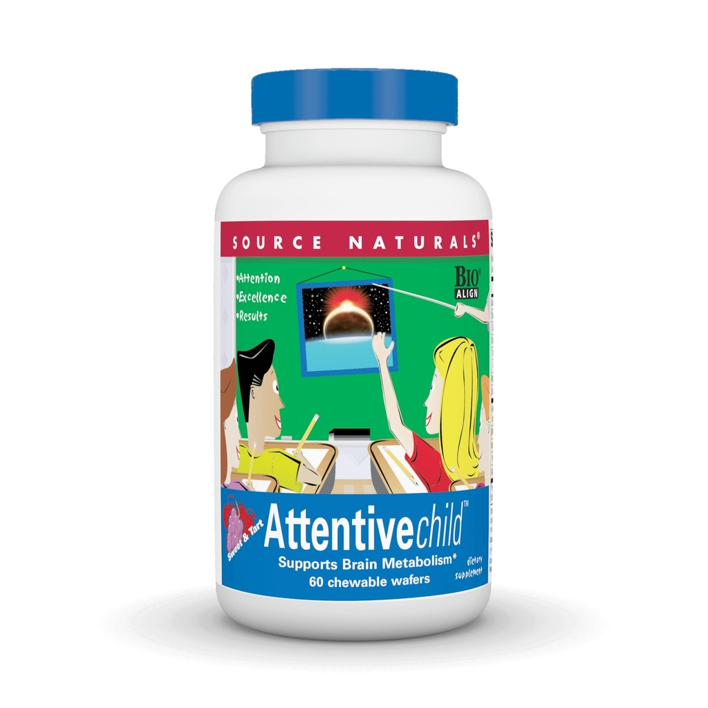 Source Naturals Attentive Child - Nutriments cognitifs sains pour les enfants actifs - Accent et attention améliorés avec DMAE, Magnésium, Zinc et Extrait de graines de raisin - 60 Wafers à croquer.