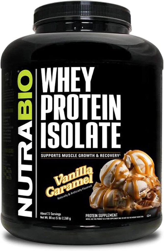 NutraBio 100% Whey Protéines Isolées Poudre, 25g Protéines avec profil complet d'acide aminé, sans OGM, sans soja et sans gluten, faible teneur en glucides, faible teneur en calories en protéines, caramel de vanille, 5 Lb