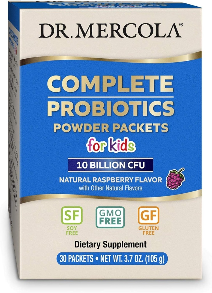 Dr Mercola Complete Probiotiques Powder Packets for Kids - Soutiens Digestion et santé immunitaire - 10 souches - avec prébiotiques - Non-OGM, sans gluten et sans soja - 30 paquets