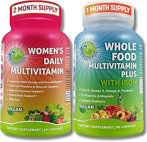 Multivitamine d'aliments entiers végétaliens avec fer et femmes Multivitamine quotidienne avec fer, superaliments biologiques, probiotiques et enzymes digestifs - Vegan, non-OGM, Clean Daily Wellness Support
