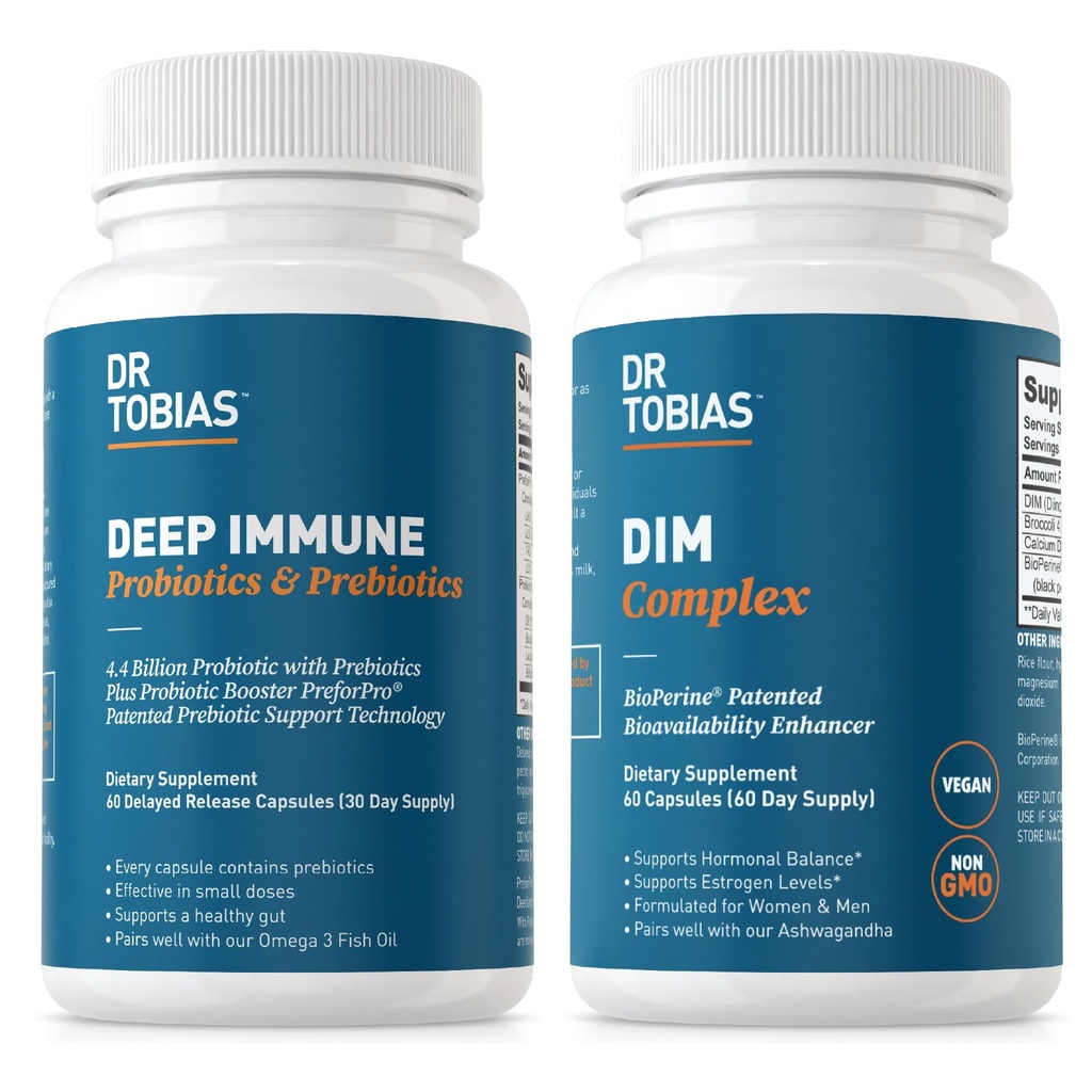 Dr Tobias Probiotiques et prébiotiques et complexe DIM, soutient la santé digestive, la fonction immunitaire de Gut, l'équilibre hormonal pour les femmes et les hommes