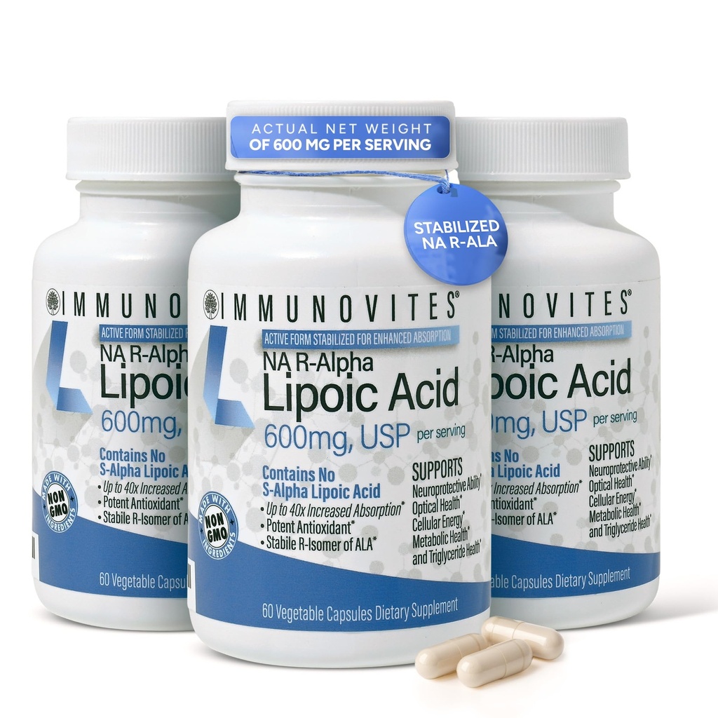 IMMUNOVITES Acide lipoïque R-alpha stabilisé à 3 paquets (True) 600 mg par portion [[High Potency & up to 40x Augmented Absorption]]] (Na R-ALA) (Na R-LA) (Na R-Lipoate) (3 bouteilles)