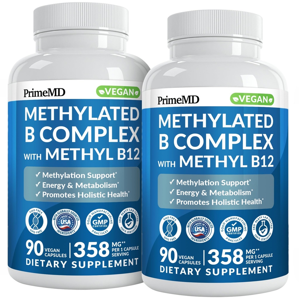Complexe B méthylé avec méthylfolate et B12 méthylcobalamine 1000 mcg - Multivitamine méthylé pour l'énergie, la fonction cérébrale et le bien-être - Complexe vitamine B pour les hommes et les femmes (180 portions, paquet de 2)