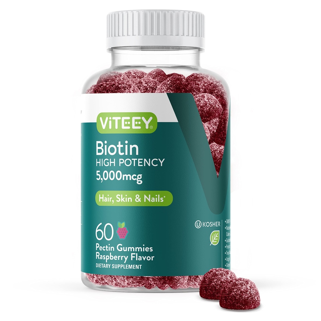 Gommies Viteey Biotin pour la peau et les ongles des cheveux - Biotine pour les Gommies de croissance des cheveux - 5000 mcg - Vegan, sans gluten, non-OGM – 60 Compte