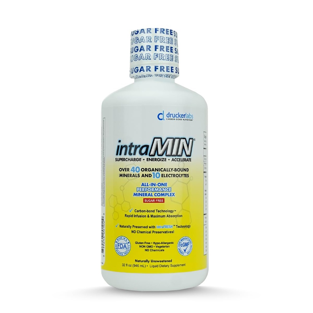 Drucker Labs - supplément de minéraux liquides organiques intraMIN pour les hommes, les femmes, les enfants, le soutien immunitaire et musculaire, non OGM, sans gluten, végétalien, électrolytes, sans sucre (32 oz., non aromatisé)