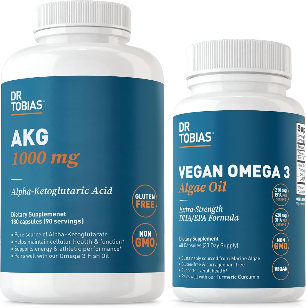 Dr Tobias AKG Supplément et Omega végétalien 3 Huile d'algues, soutien énergie cellulaire et santé globale avec AKG, EPA et DHA, végétalien, sans gluten, non-OGM