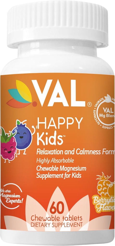 Magnésium VAL pour les enfants de haute absorption Magnésium pour calme, relaxation et focus de Mg Glycinate, Citrate et Taurate de vitamine B6, D & C de D & C de 60 comprimés à croquer