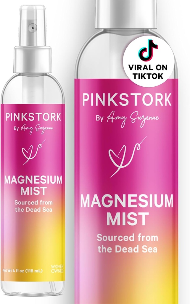 Pink Stork Magnesium Spray Mist - pour le calme, le stress et le sommeil, le soutien du mal de mer, la grossesse doit avoir, 200 mg par 6 sprays, Pure Magnesium Chlorure Spray corporel, 4 oz, Sans parfum