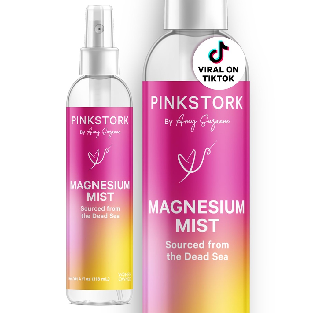 Pink Stork Magnesium Spray Mist - pour le calme, le stress et le sommeil, le soutien du mal de mer, la grossesse doit avoir, 200 mg par 6 sprays, Pure Magnesium Chlorure Spray corporel, 4 oz, Sans parfum