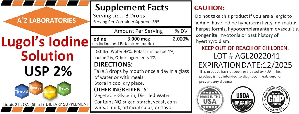 2 x 2 OZ Pack A2Z Organic Lugol's Iodine and Potassium Iodide 2% Solution 3000 mcg - Des gouttes de supplément liquide pour le soutien de la thyroïde pour les femmes et les hommes, Santé du métabolisme, Detox Boost -2X 2 Fl Oz/USA