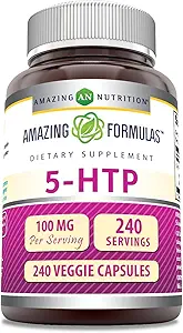 Formules étonnantes 5-HTP (Hydroxytryptophane) Supplément $ 100 Mg par portion $ Capsules de légumes $ Non-GMO $ Sans gluten $ Fabriqué aux États-Unis (1 Pack, 240 Compte)