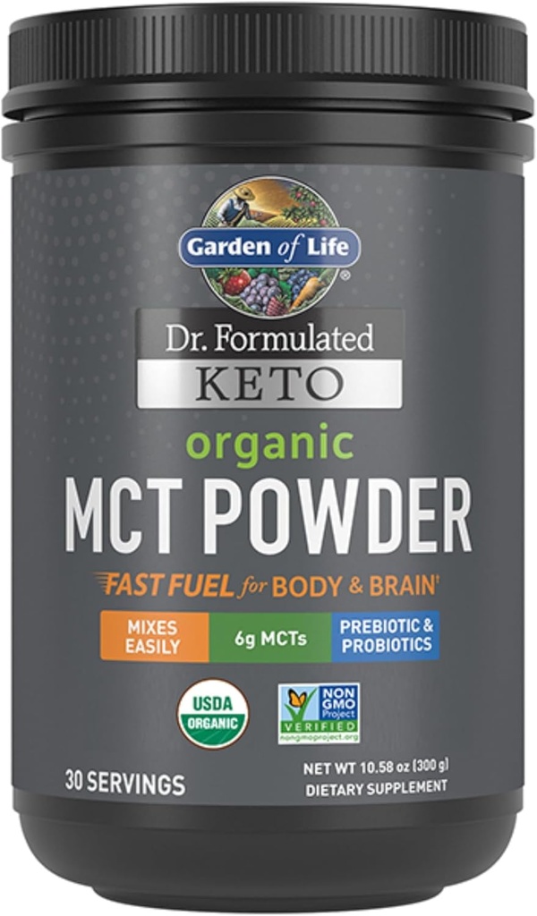 Garden of Life Dr. Formulated Keto Organic MCT Powder - 30 Servings, 6g MCTs from Coconuts Plus Prebiotic Fiber & Probiotics, Certified Organic, Non-GMO, Vegan, Gluten Free