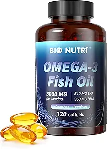 BIO NUTRI Huile de poisson Omega 3 Suppléments - 3000mg Huile de poisson avec EPA DHA - Omega 3 Support acide gras - 120 Softgels