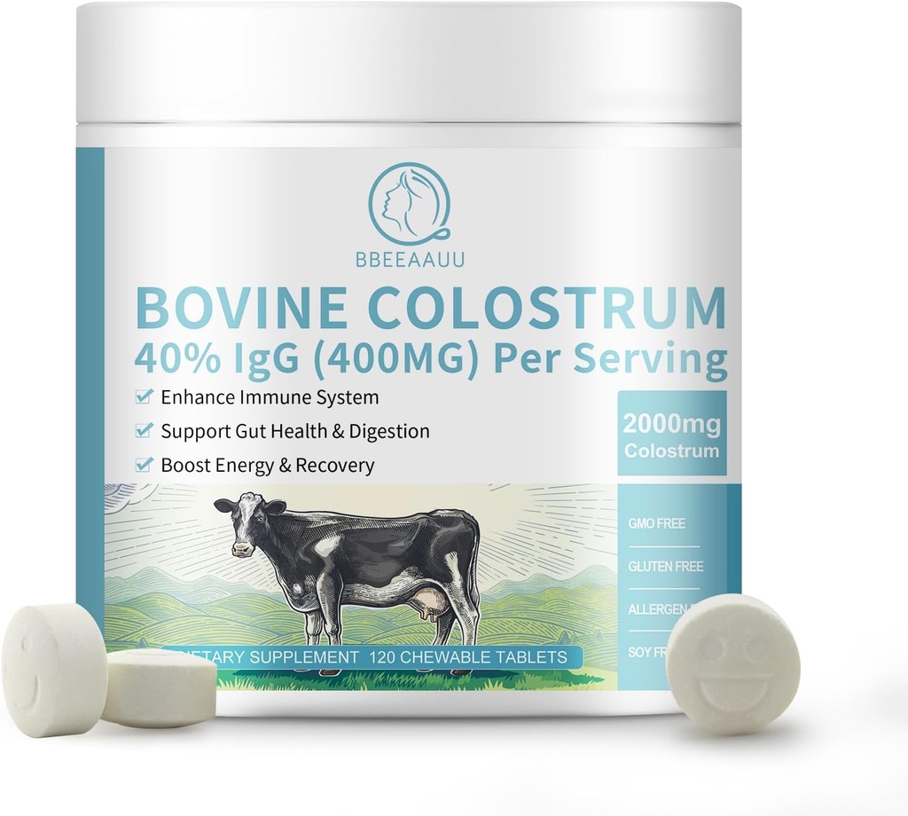 Bovin Colostrum 120 Comprimés croustillants, 2000mg Supplément Colostrum 40% IgG, pour le soutien immunitaire, la santé de Gut, la croissance des cheveux, l'énergie, 100% gazon et premier laitage, sans gluten, sans soja