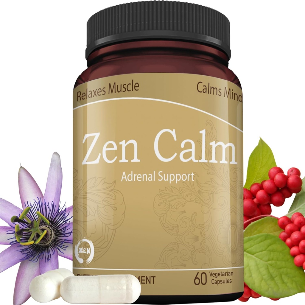Zen Calm Stress Adrénal Support Supplément Herbes Adaptogènes Organiques - Magnésium, B Vitamines, GABA et plus pour soutenir un Calme Naturel. Pas de somnolence. Non-OGM (60 capsules de légumes)
