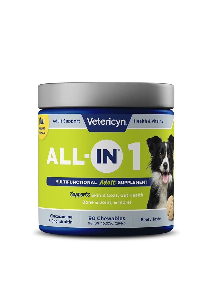 Vetericyn All-in 1 Multifonctional Dog Supplement : Enzymes digestifs + Glucosamine et Chondroïtine pour le soutien des os et des articulations + vitamines, antioxydants, prébiotiques, probiotiques et omégas. 90 Compte