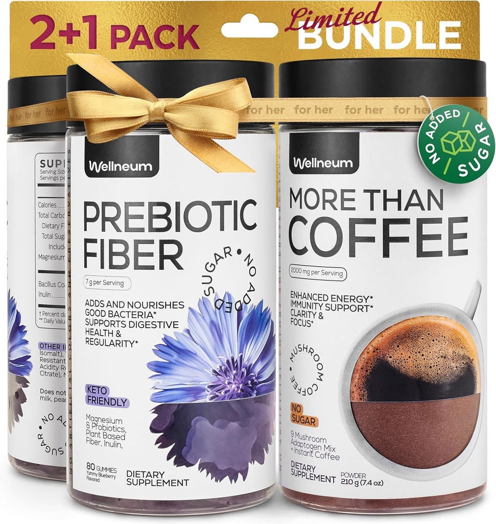 Mélange d'Adaptogène de Champignon, de Fibre diététique 7G, de Probiotique - Café de Champignon Instantané et de Fibre Chews pour Immunity, Gut Health - pour les hommes et les femmes