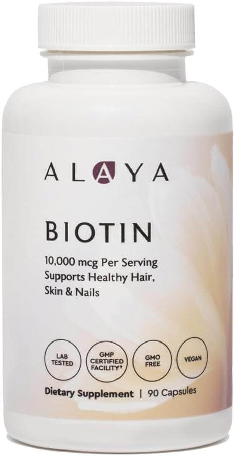 Alaya Naturals - Biotin 10 000mcg, 90 Capsules - Soutient la santé des cheveux, de la peau et des ongles