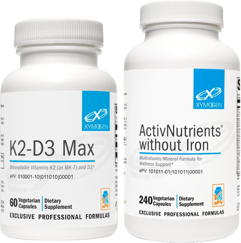 XYMOGEN ActivNutrients sans fer (240 capsules) + K2-D3 Max (60 capsules) - Multivitamine pour l'énergie et l'humeur avec vitamine D 5000 UI Capsules + vitamine K2