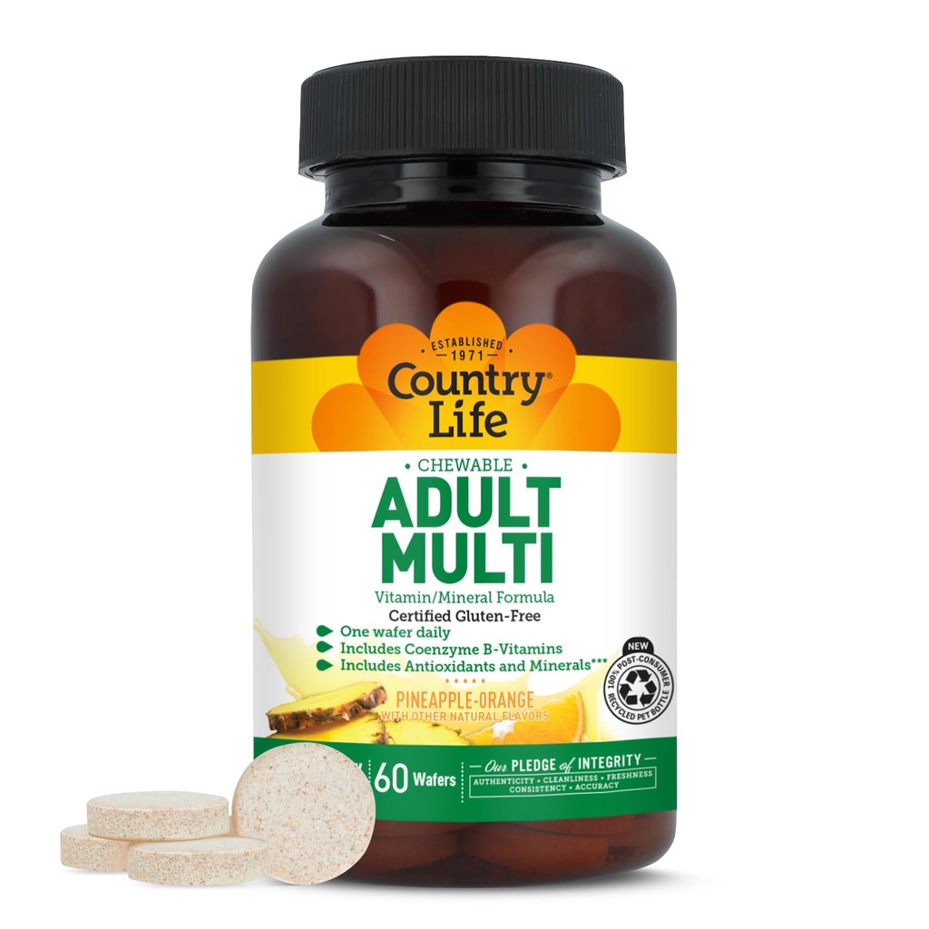 Country Life Adultes à croquer Multivitamine avec Coenzyme B-Vitamines, Antioxydants, Minéraux, Ananas-Orange Flavor - soutient le métabolisme énergétique et la santé immunitaire, sans gluten - 60 Wafers