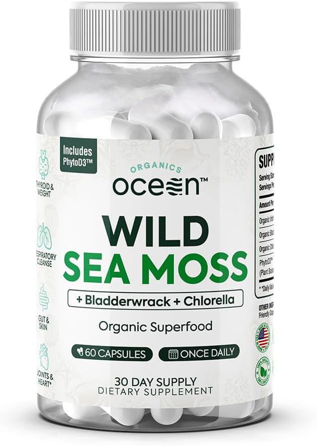 Organics Ocean Wild Sea Moss Capsules - 100% Bio Irish Sea Moss with Organic Chlorella, Bladderwrack and Vitamine D for Energy, Lung Health and Thyroïde Support for Women and Men - 60 Capsules