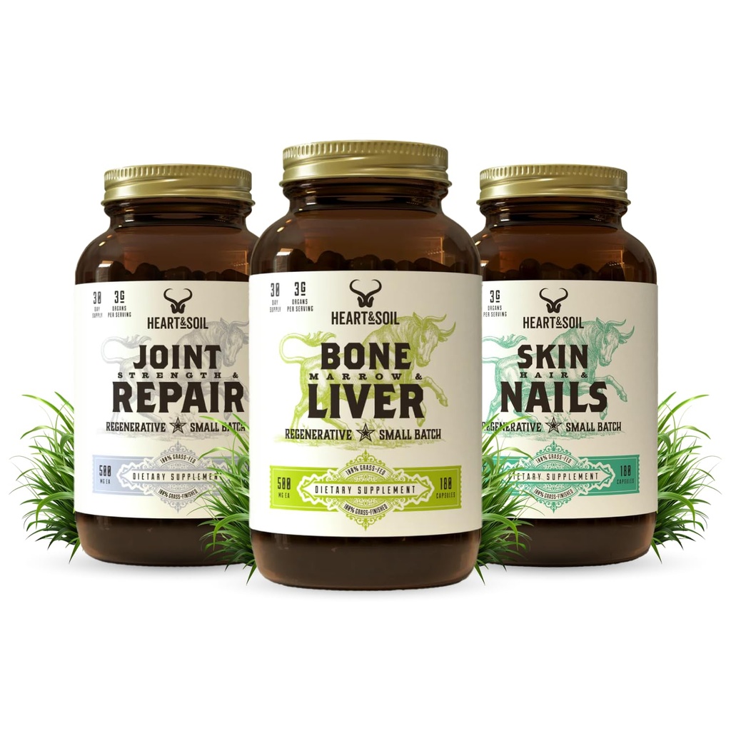 HEART & SOIL Joint & Mobility Stack – 3 Items: Bone Marrow & Liver, Joint Strength & Repair, Skin, Hair & Nails for Full-Body Wellness, Collagen Support, Flexibility, and Recovery