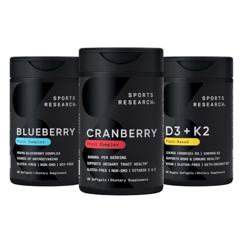 Recherche sportive Supplément complexe de fruits de canneberge avec Pacran et vitamines C & E, concentré de bleuets de fruits entiers à base de bleuets biologiques et vitamine D3 à base végétale + K2 à l'huile de coco