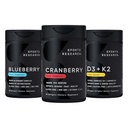 Recherche sportive Supplément complexe de fruits de canneberge avec Pacran et vitamines C & E, concentré de bleuets de fruits entiers à base de bleuets biologiques et vitamine D3 à base végétale + K2 à l'huile de coco
