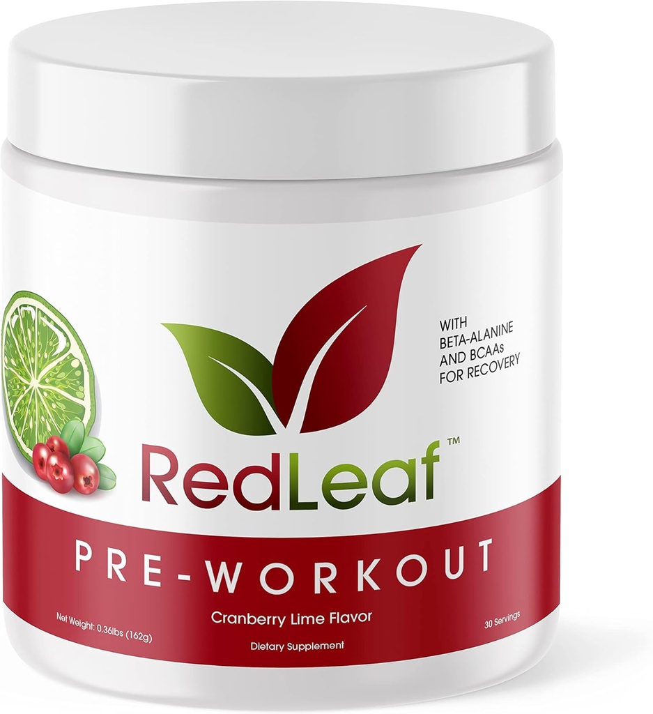 Red Leaf Pre Workout Energizer Powder, BCAA, Beta-Alanine, Amino Acids et Green Tea pour le soutien immunitaire et l'énergie de pré-entraînement, naturel Cranberry Lime Flavor - 30 portions