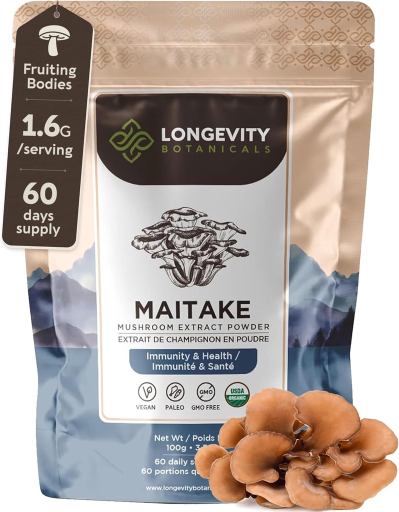 Supplément en poudre de champignons bio à maitake 100g de poids corporel pur 10:1 Extrait de haute résistance 30% de Glucans bêta-D 16 600mg Équivalent brut par service