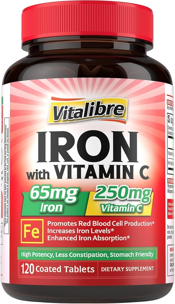 Supplément en fer 65mg avec vitamine C, fer carbonyle stomach, haute puissance et absorption, pour des niveaux de fer et d'énergie sains, soutient la production de globules rouges, 120 comprimés