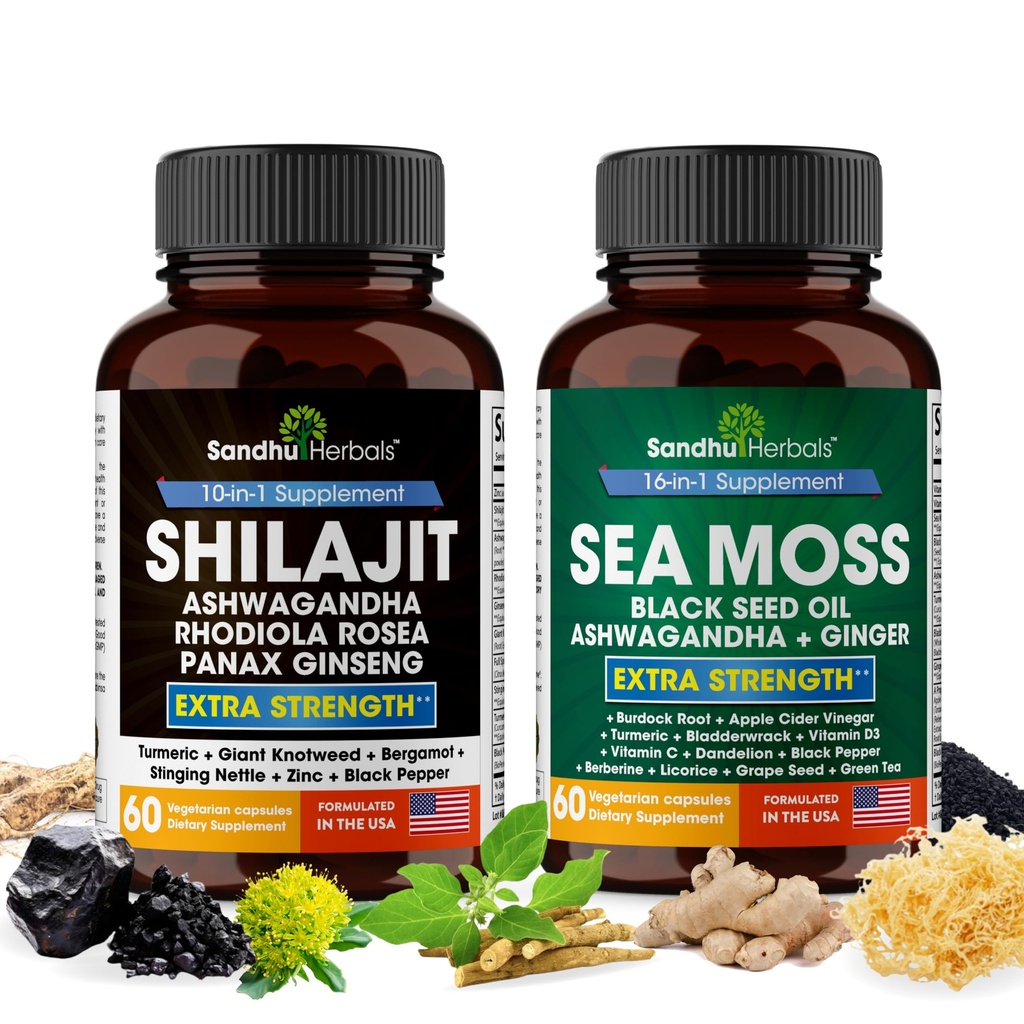 Shilajit Sea Moss Ashwagandha Combo Bundle - Black Seed Oil, Turmeric, Rhodiola Rosea, Panax, Ginseng Supplement.