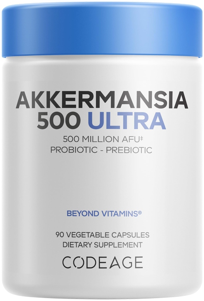 Codeage Akkermansia Muciniphila Probiotic Ultra - High-Potency 500M AFUs Akkermansia Probiotic Supplement - Probiotique quotidien amélioré et prébiotique, Inuline de chicorée - 3-Mois - 90 Capsules