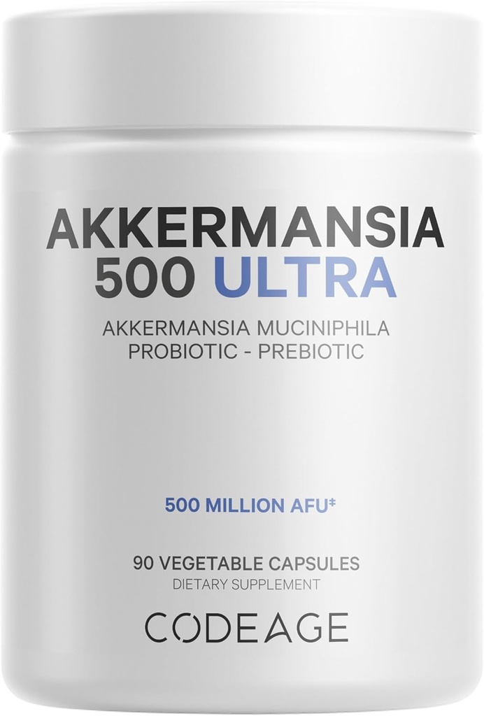 Codeage Akkermansia Muciniphila Probiotic Ultra - High-Potency 500M AFUs Akkermansia Probiotic Supplement - Probiotique quotidien amélioré et prébiotique, Inuline de chicorée - 3-Mois - 90 Capsules