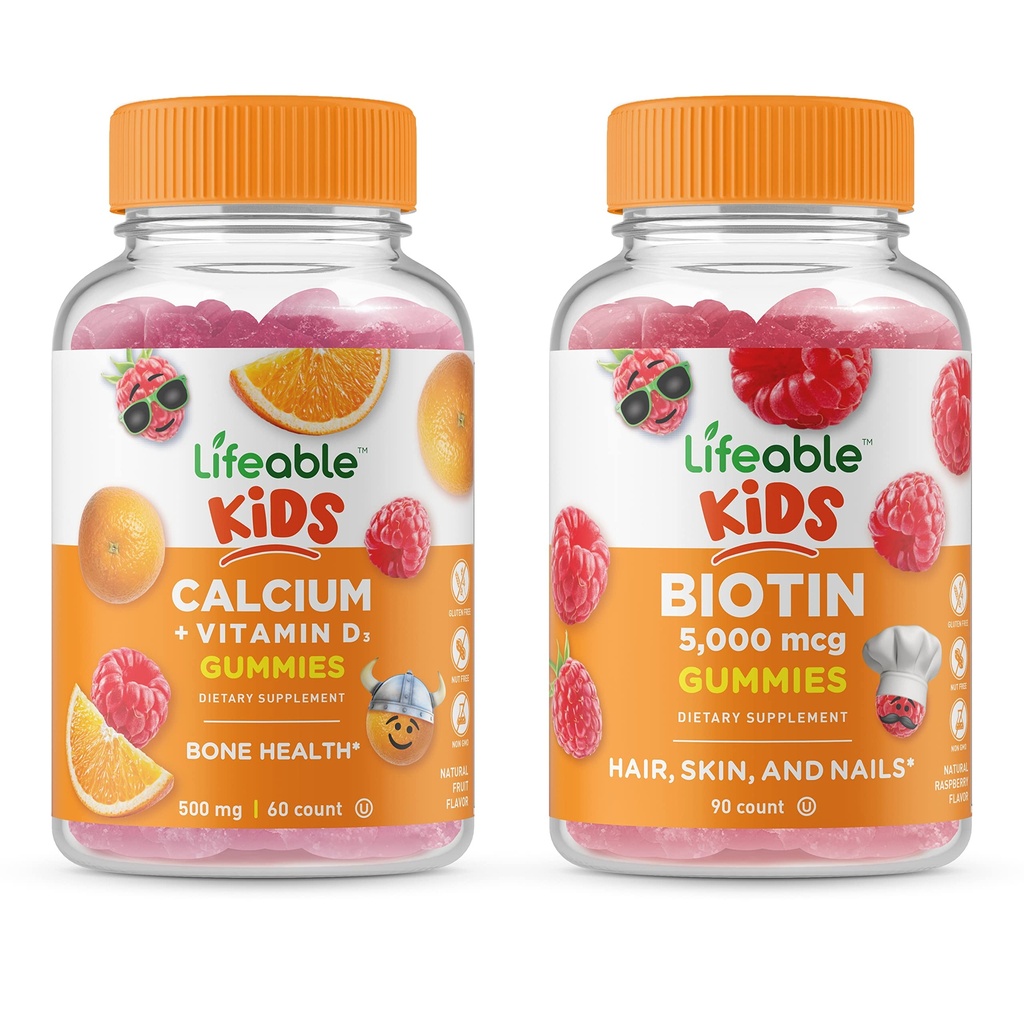 Biotine Lifeable Kids + Calcium avec Vitamine D Kids, Gummies Bundle - Grande dégustation, supplément de vitamine, sans gluten, sans OGM, gummy à croquer