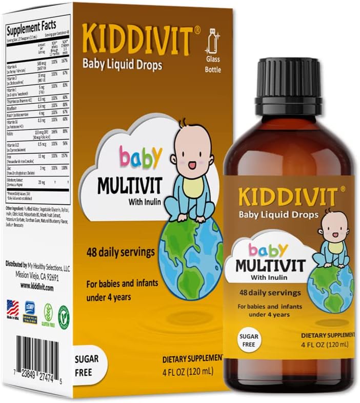 Kiddivit bébé Multivitamine gouttes liquides avec l'inuline - 48 portions quotidiennes, 4 Fl Oz (120mL) - Bouteille en verre - sans sucre, sans gluten, végétarien