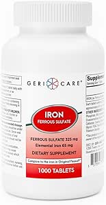 GeriCare Ferrous Sulfate Tablets 325mg, Elemental Iron 65 mg High Potency Iron Supplement | No Artificial Color Additives Dietary Supplement 1000 Count. (Pack of 1)