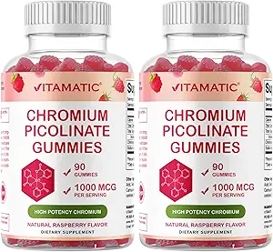 Picolinate de chrome vitamatique 1000 mcg - 90 Gommies - Chromium de haute puissance - Arôme de framboise (Total 180 Gommies) 2 boîtes