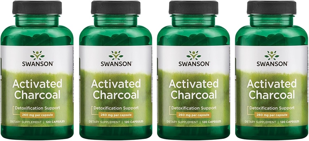 Charbon activé de Swanson - Supplément naturel pour soutenir l'absorption saine - Aide avec/déplacement et maintien de la régularité Bowel - (120 Capsules, 520mg par portion) 4 Pack