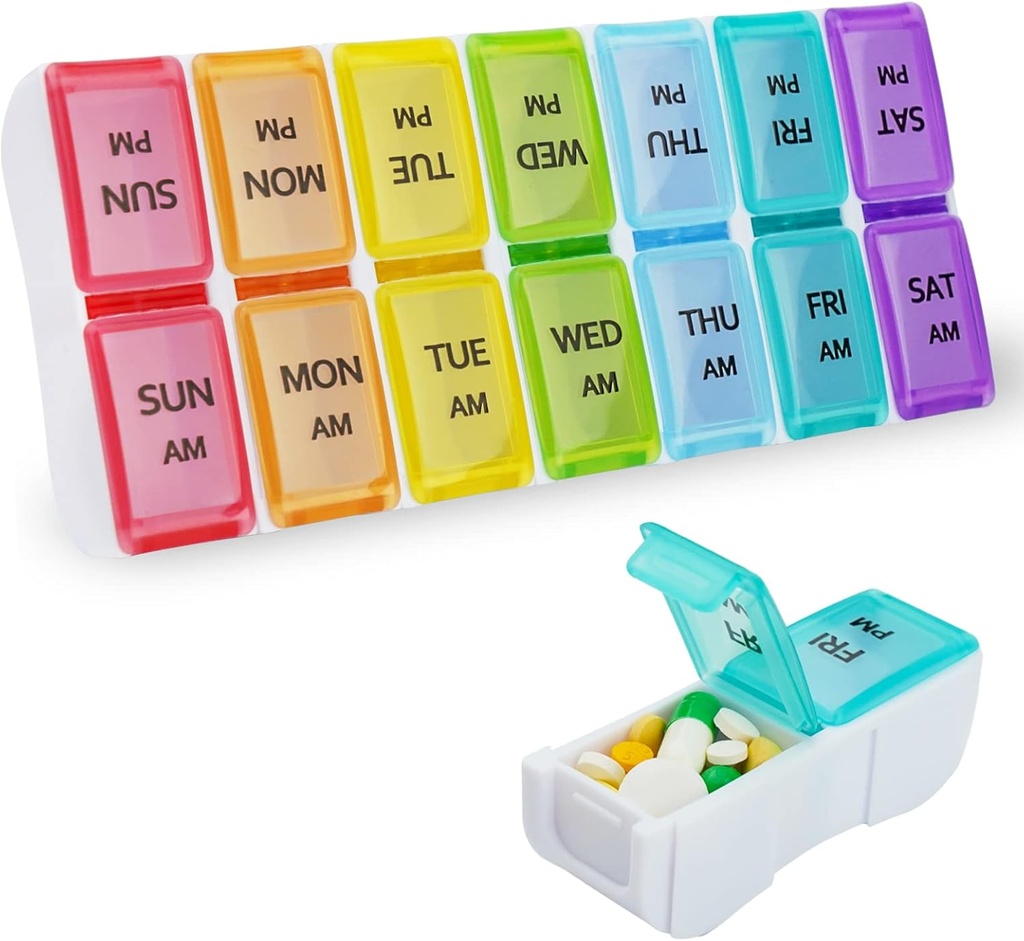 DailyRest Pill Organizer 2 fois par jour, Pill Box 7 Day, AM PM Pill Case, Détachable Weekly Pill Container, Rainbow See-through Lids, Travel Portable Medicine Container for Pill/Vitamines/Supplements