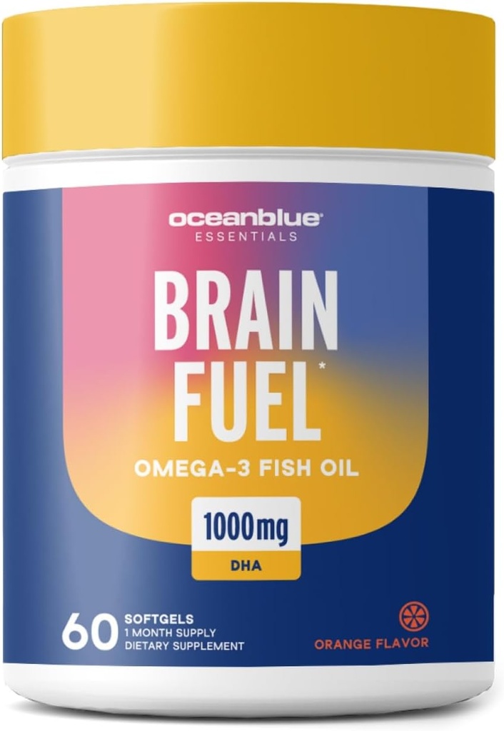 Oceanblue Essentials Brain Fuel – 60ct – Huile de poisson sans Burpless – Supplément Omega 3 DHA de haute puissance pour le soutien du cerveau et des yeux – 1000 mg – Saveur d'orange savoureux – 1 mois d'approvisionnement