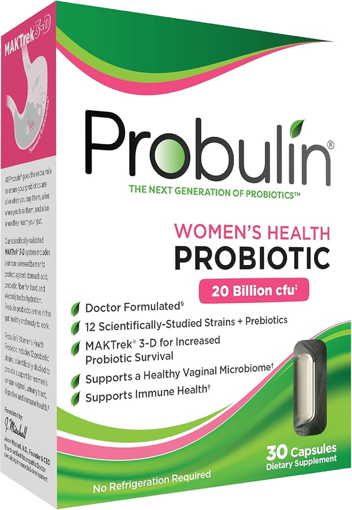 La santé des femmes probulines Probiotique + Prébiotique pour la santé vaginale, gustative et immunitaire - 20 milliards CFU - 12 souches probiotiques, 30 capsules véganes