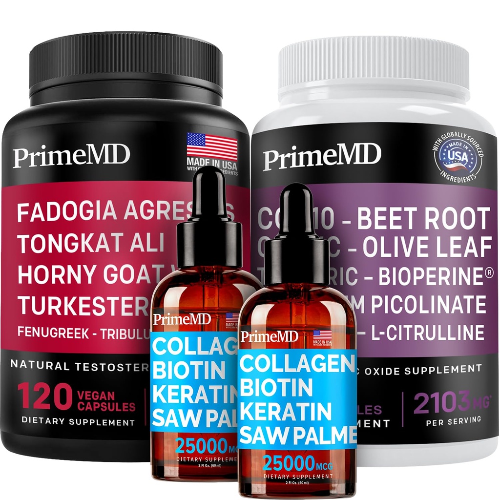 Liquid Collagen Biotin (2pk), Fadogia Tongkat Ali (1pk) et supplément à l'oxyde nitrique (1pk) - Vitamines potentes pour les cheveux, la peau, les ongles, le coeur, l'énergie et la testostérone support - non-OGM, végétalien