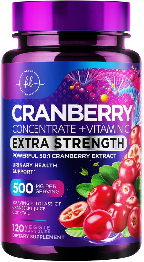 Supplément de canneberge 25,000mg Formule + Vitamine C – Urinaire Tract Health Support for Women & Men, 50:1 Pilules d'extrait de canneberge entière pour les femmes, sans sucre, sans OGM, sans gluten - 120 Capsules
