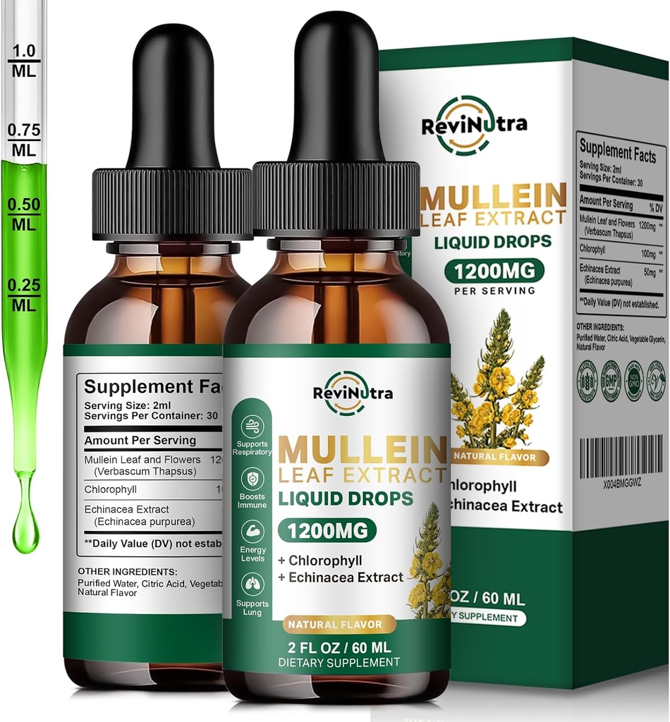 2 Pack Mullein Drops for Lungs, 1200mg Mullein Leaf Extract Liquid Drops with Chlorophyll for Lung Cleanse & Detox, Support for Respiratory, Immune, Digestive System