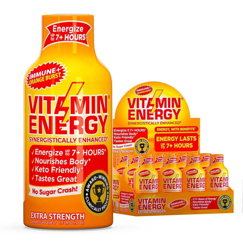 Vitamin Energy Immune+ Extra Strength Energy Shot – Orange Burst – 100% DV B-Vitamins & 260mg Caffeine – Zero Calories, Sugar-Free, Vegan, – Immunity & Energy Support – 1.93 fl oz, 12-Pack