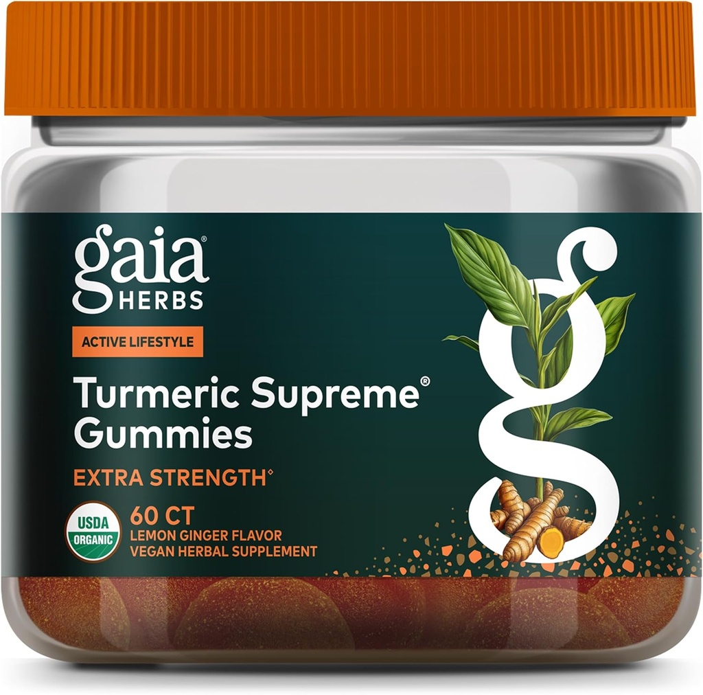 Gaia Herbs Turmeric Supreme Extra Strength Gommies - Soutient le soulagement de l'enflure pour aider à maintenir un mode de vie actif - Lemon Ginger Flavor - 60 Gommies biologiques végétaliens (20 jours d'approvisionnement)