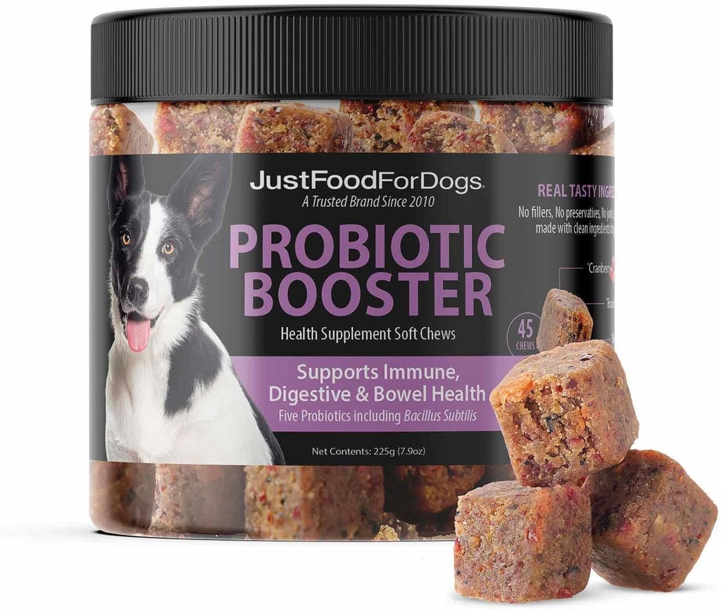 JustFoodForDogs Probiotic Booster Gut Health Soft Chews Supplément pour chiens, soutien de santé digestif, diarrhée, ingrédients de qualité humaine - 45 Compte